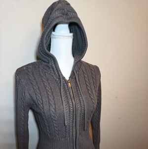 Gray Cable Knit Hooded Sweater